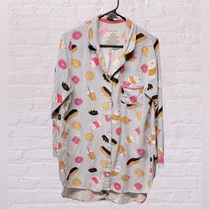 Sleepwear Sleep long shirt gray pink sprinkled donuts and coffee button front L